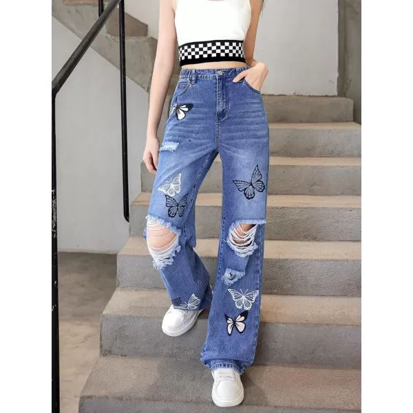 WDIRARA Girl's Flap Pocket Side High Waist Straight Leg Cargo Long Jeans Denim Pants