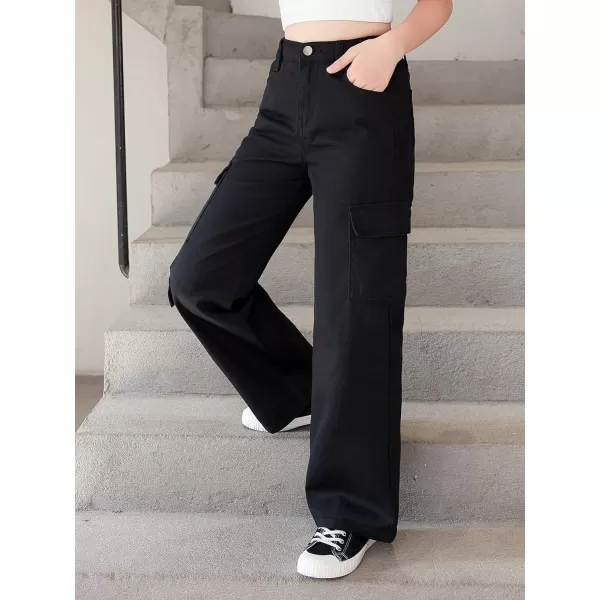 WDIRARA Girl's Flap Pocket Side High Waist Straight Leg Cargo Long Jeans Denim Pants