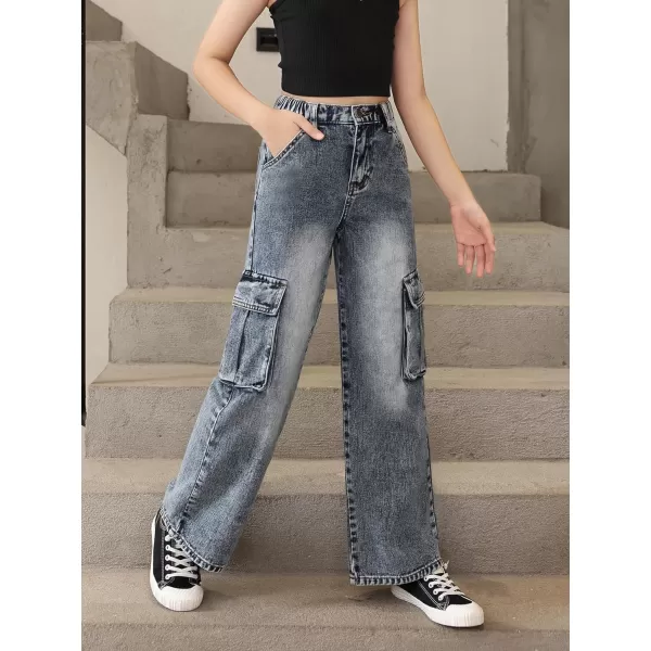 WDIRARA Girl's Flap Pocket Side High Waist Straight Leg Cargo Long Jeans Denim Pants
