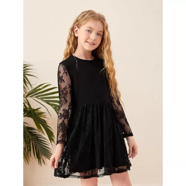 WDIRARA Girl's Floral Lace Panel Long Mesh Sleeve Round Neck Keyhole Back Formal Flared A Line Short Dress