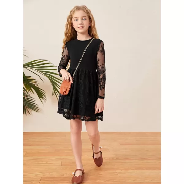 WDIRARA Girl's Floral Lace Panel Long Mesh Sleeve Round Neck Keyhole Back Formal Flared A Line Short Dress