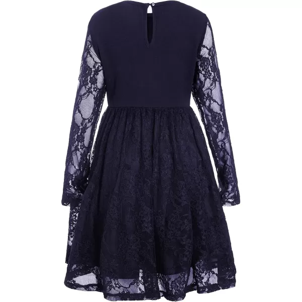 WDIRARA Girl's Floral Lace Panel Long Mesh Sleeve Round Neck Keyhole Back Formal Flared A Line Short Dress
