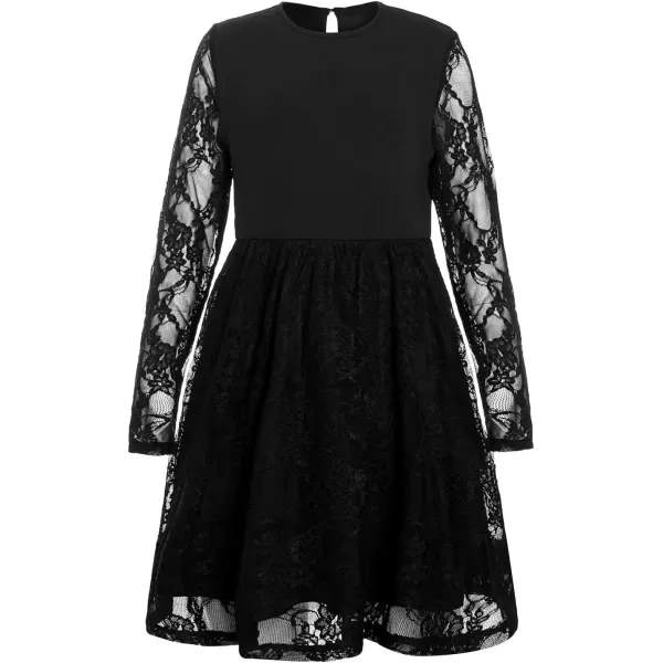 WDIRARA Girl's Floral Lace Panel Long Mesh Sleeve Round Neck Keyhole Back Formal Flared A Line Short Dress