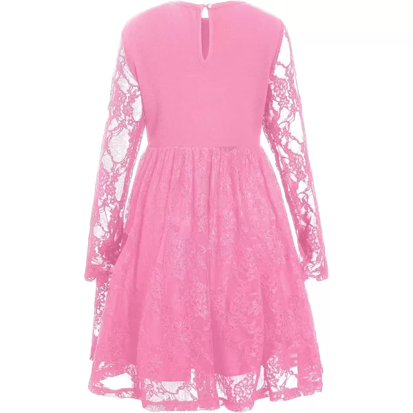 WDIRARA Girl's Floral Lace Panel Long Mesh Sleeve Round Neck Keyhole Back Formal Flared A Line Short Dress