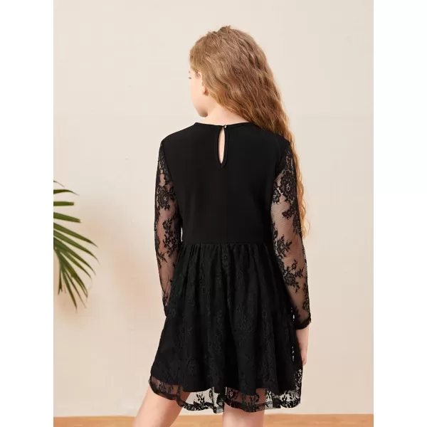 WDIRARA Girl's Floral Lace Panel Long Mesh Sleeve Round Neck Keyhole Back Formal Flared A Line Short Dress