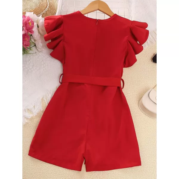 WDIRARA Girl's Flutter Cap Sleeve Crew Neck Dressy Belted Romper Cute Short Jumpsuit