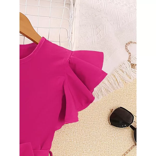 WDIRARA Girl's Flutter Cap Sleeve Crew Neck Dressy Belted Romper Cute Short Jumpsuit