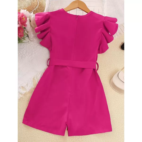WDIRARA Girl's Flutter Cap Sleeve Crew Neck Dressy Belted Romper Cute Short Jumpsuit