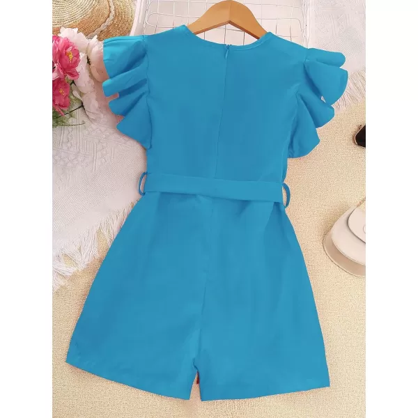 WDIRARA Girl's Flutter Cap Sleeve Crew Neck Dressy Belted Romper Cute Short Jumpsuit