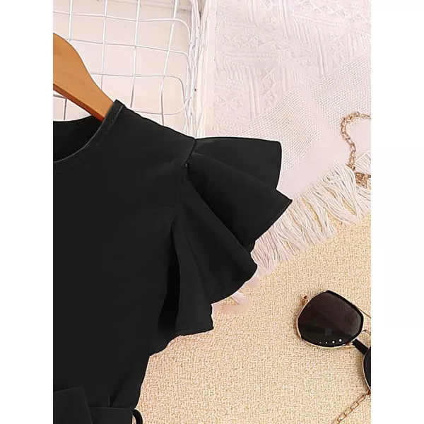 WDIRARA Girl's Flutter Cap Sleeve Crew Neck Dressy Belted Romper Cute Short Jumpsuit