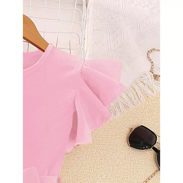 WDIRARA Girl's Flutter Cap Sleeve Crew Neck Dressy Belted Romper Cute Short Jumpsuit