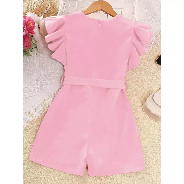 WDIRARA Girl's Flutter Cap Sleeve Crew Neck Dressy Belted Romper Cute Short Jumpsuit
