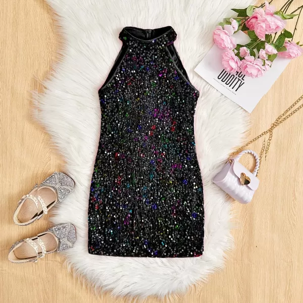 WDIRARA Girl's Glitter Sequin Beaded Halter Neck Evening Dress Sleeveless Bodycon Party Mini Pencil Dresses