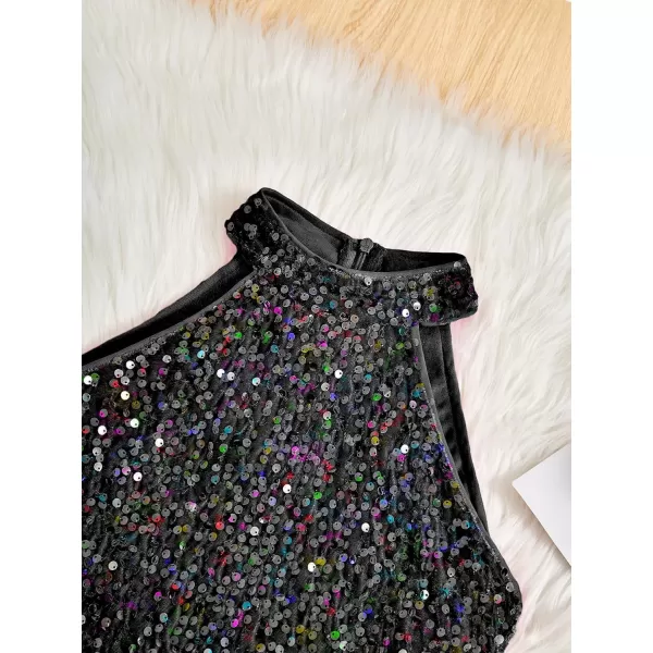 WDIRARA Girl's Glitter Sequin Beaded Halter Neck Evening Dress Sleeveless Bodycon Party Mini Pencil Dresses