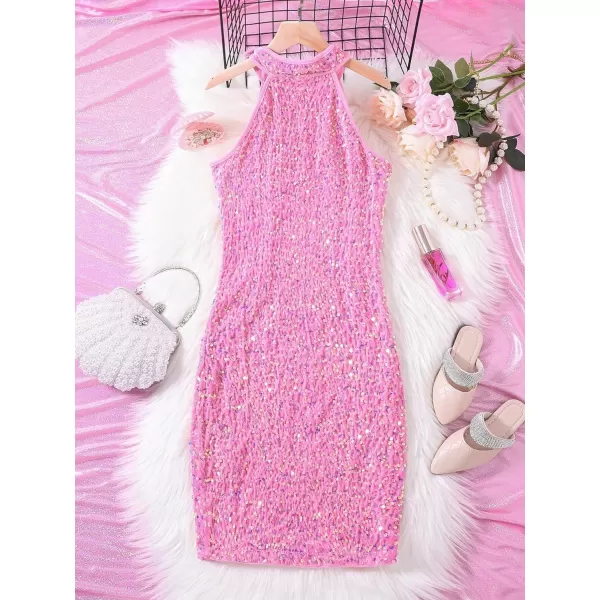 WDIRARA Girl's Glitter Sequin Beaded Halter Neck Evening Dress Sleeveless Bodycon Party Mini Pencil Dresses