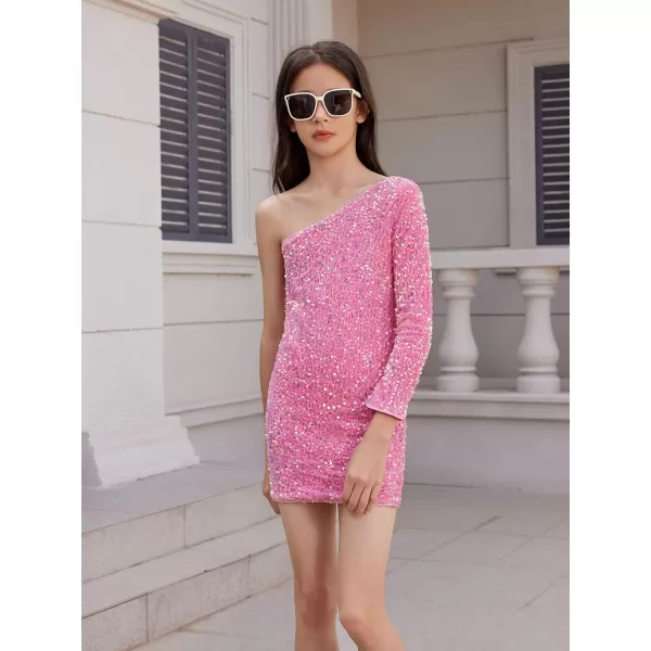 WDIRARA Girl's Glitter Sequin One Shoulder Party Dress Long Sleeve Bodycon Mini Pencil Dresses