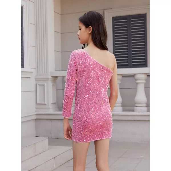 WDIRARA Girl's Glitter Sequin One Shoulder Party Dress Long Sleeve Bodycon Mini Pencil Dresses