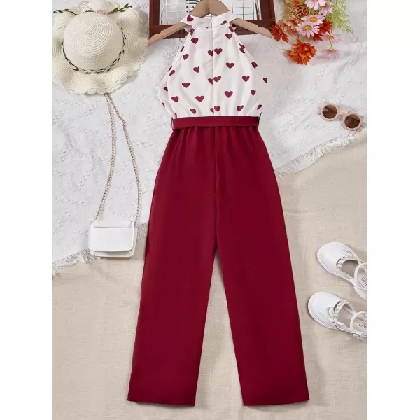 WDIRARA Girl's Heart Print Halter Neck Sleeveless Belted Wide Leg Jumpsuit Pants