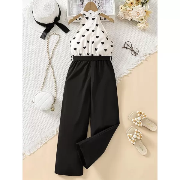 WDIRARA Girl's Heart Print Halter Neck Sleeveless Belted Wide Leg Jumpsuit Pants