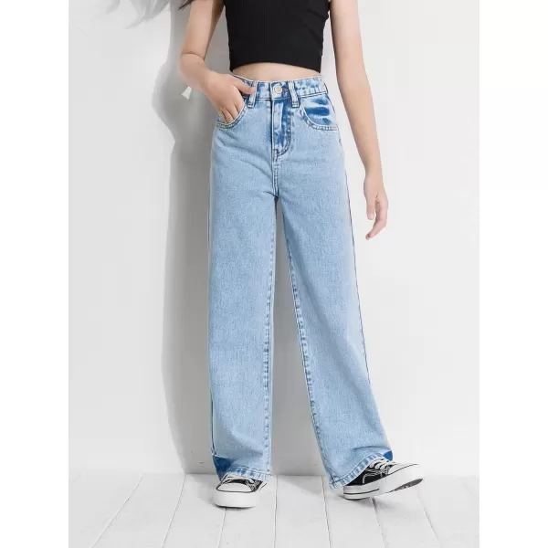 WDIRARA Girl's High Waisted Straight Leg Button Jeans Casual Pocket Denim Pants