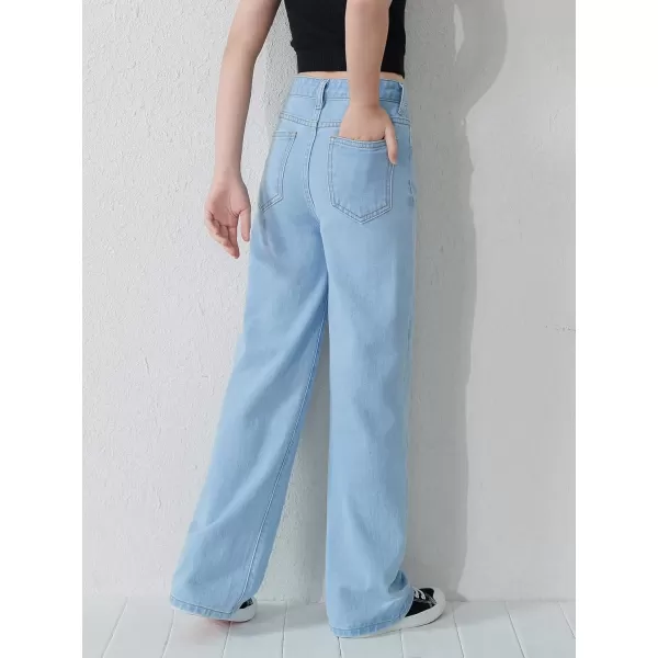 WDIRARA Girl's High Waisted Straight Leg Button Jeans Casual Pocket Denim Pants