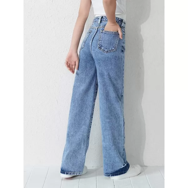 WDIRARA Girl's High Waisted Straight Leg Button Jeans Casual Pocket Denim Pants