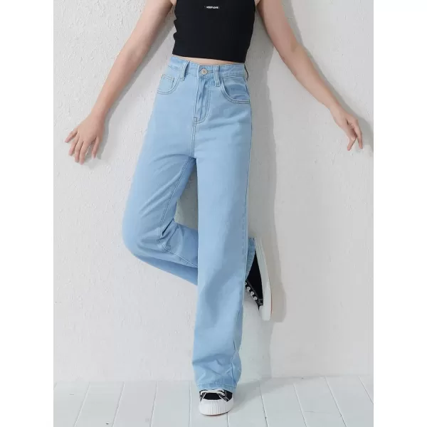 WDIRARA Girl's High Waisted Straight Leg Button Jeans Casual Pocket Denim Pants
