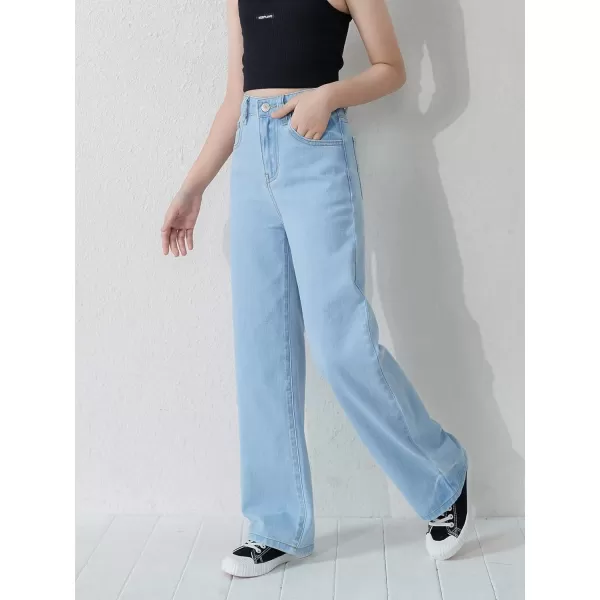 WDIRARA Girl's High Waisted Straight Leg Button Jeans Casual Pocket Denim Pants