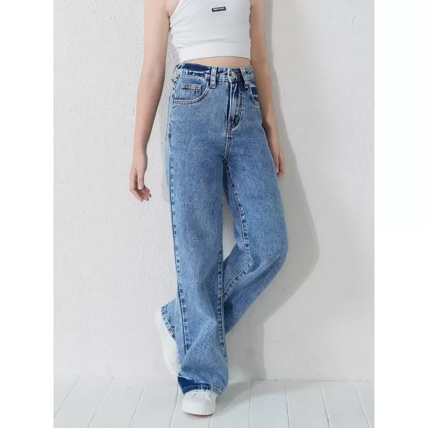 WDIRARA Girl's High Waisted Straight Leg Button Jeans Casual Pocket Denim Pants