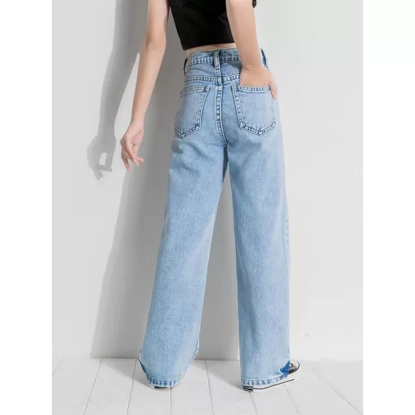 WDIRARA Girl's High Waisted Straight Leg Button Jeans Casual Pocket Denim Pants