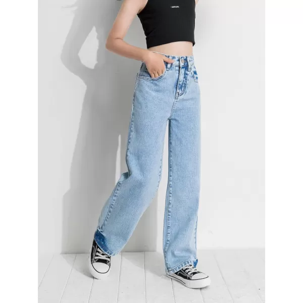 WDIRARA Girl's High Waisted Straight Leg Button Jeans Casual Pocket Denim Pants