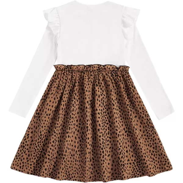 WDIRARA Girl's Leopard Print Ruffle Trim Long Sleeve Round Neck Flared Dress