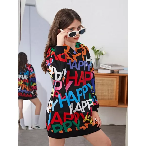 WDIRARA Girl's Letter Graphic Print Long Sleeve Pullovers Hoodie Dress
