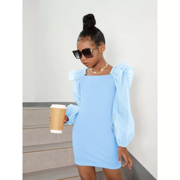 WDIRARA Girl's Mesh Ruffle Trim Layered Tie Back Lantern Sleeve Pencil Mini Dress