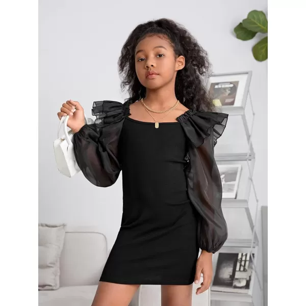WDIRARA Girl's Mesh Ruffle Trim Layered Tie Back Lantern Sleeve Pencil Mini Dress