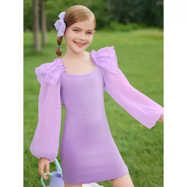 WDIRARA Girl's Mesh Ruffle Trim Layered Tie Back Lantern Sleeve Pencil Mini Dress