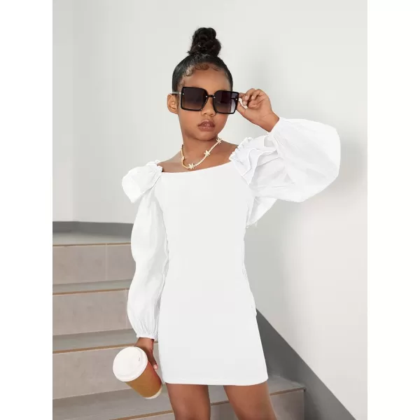 WDIRARA Girl's Mesh Ruffle Trim Layered Tie Back Lantern Sleeve Pencil Mini Dress