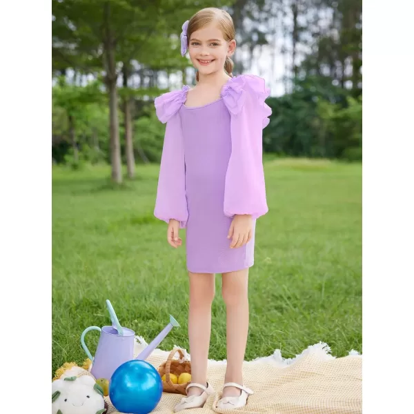 WDIRARA Girl's Mesh Ruffle Trim Layered Tie Back Lantern Sleeve Pencil Mini Dress