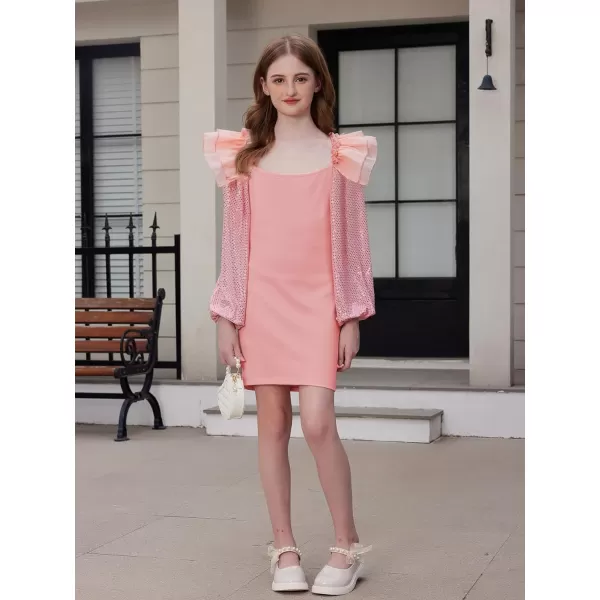 WDIRARA Girl's Mesh Ruffle Trim Layered Tie Back Lantern Sleeve Pencil Mini Dress