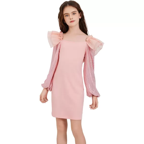 WDIRARA Girl's Mesh Ruffle Trim Layered Tie Back Lantern Sleeve Pencil Mini Dress