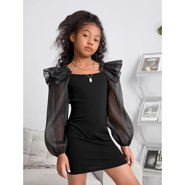 WDIRARA Girl's Mesh Ruffle Trim Layered Tie Back Lantern Sleeve Pencil Mini Dress