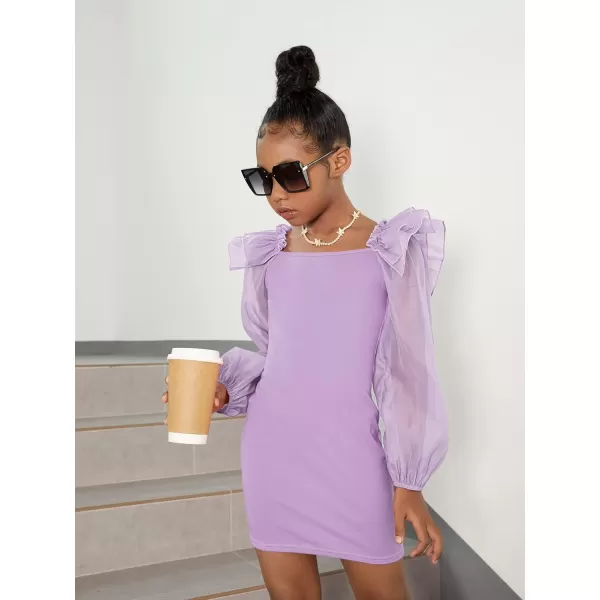 WDIRARA Girl's Mesh Ruffle Trim Layered Tie Back Lantern Sleeve Pencil Mini Dress