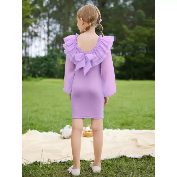 WDIRARA Girl's Mesh Ruffle Trim Layered Tie Back Lantern Sleeve Pencil Mini Dress