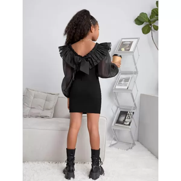 WDIRARA Girl's Mesh Ruffle Trim Layered Tie Back Lantern Sleeve Pencil Mini Dress
