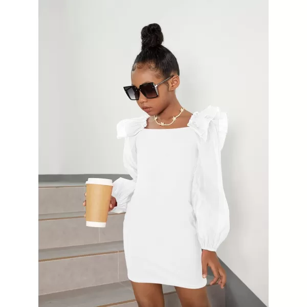 WDIRARA Girl's Mesh Ruffle Trim Layered Tie Back Lantern Sleeve Pencil Mini Dress