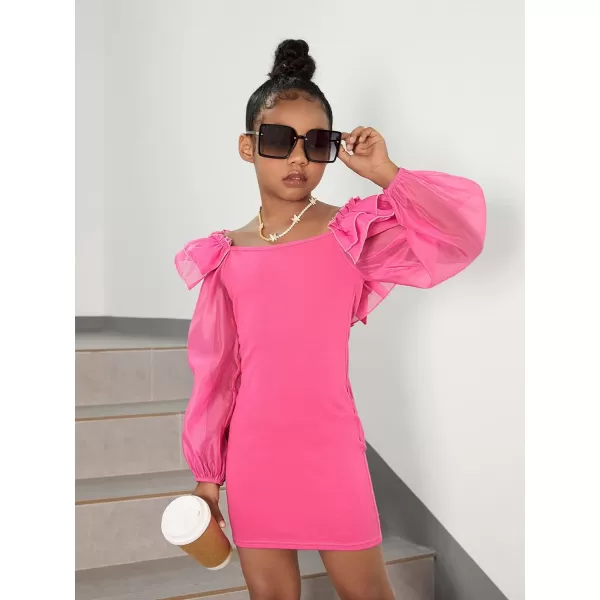WDIRARA Girl's Mesh Ruffle Trim Layered Tie Back Lantern Sleeve Pencil Mini Dress