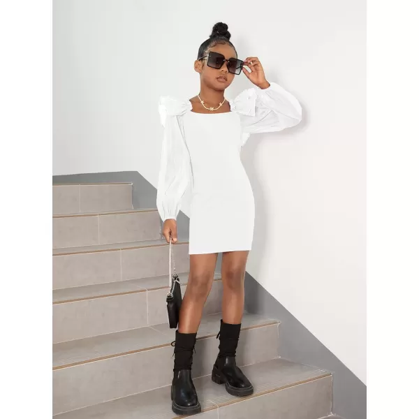 WDIRARA Girl's Mesh Ruffle Trim Layered Tie Back Lantern Sleeve Pencil Mini Dress