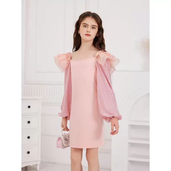 WDIRARA Girl's Mesh Ruffle Trim Layered Tie Back Lantern Sleeve Pencil Mini Dress