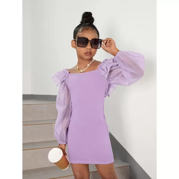 WDIRARA Girl's Mesh Ruffle Trim Layered Tie Back Lantern Sleeve Pencil Mini Dress
