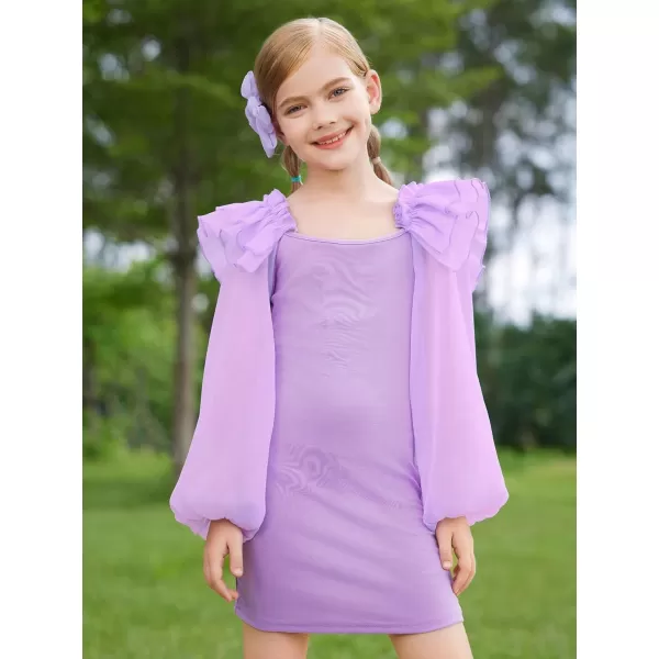 WDIRARA Girl's Mesh Ruffle Trim Layered Tie Back Lantern Sleeve Pencil Mini Dress
